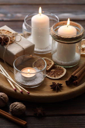 Matches and spices on wooden table, closeupの写真素材