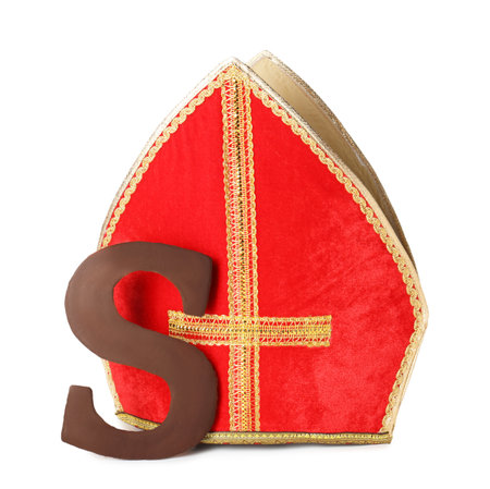 Saint Nicholas (Sinterklaas) day. Red mitre and isolated on whiteの写真素材