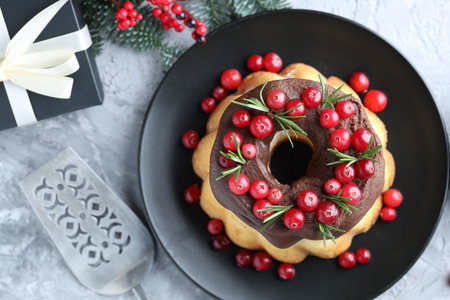 Delicious Christmas cake with chocolate glaze, cranberries, rosemary and gift box on gray textured table, flat layの写真素材