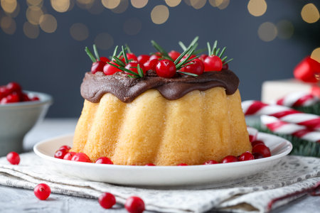 Delicious Christmas cake with chocolate glaze, cranberries and rosemary on light gray table against...