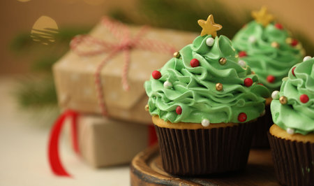 Christmas tree shaped cupcakes and gifts on white table, selective focusの写真素材