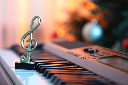 Golden treble clef on piano against blurred Christmas lights, space for text. Bokeh effectの写真素材