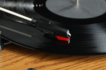 Closeup view of turntable with vinyl record