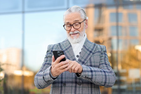 Handsome senior man with phone on city streetの写真素材