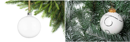 Beautiful Christmas balls and fir tree branches, collage. Banner designの写真素材