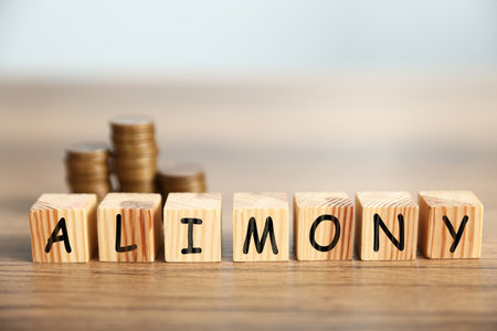 Alimony word made of cubes with letters and stacked coins on wooden tableの写真素材