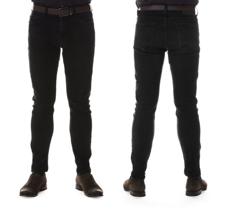 Man wearing black jeans on white background, closeup. Collage of back and front viewの写真素材