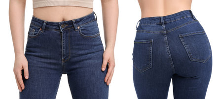 Woman wearing blue jeans on white background, closeup. Collage of back and front view