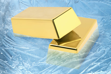 Gold bars in ice, closeup.