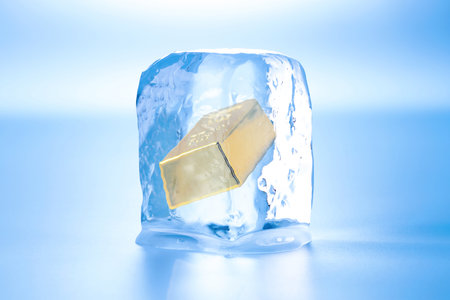 Gold bar in ice cube on light blue background.の写真素材