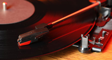 Closeup view of turntable with vinyl record