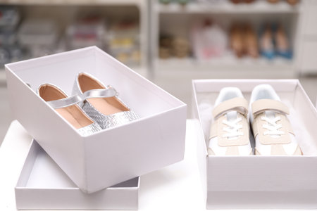 Little girl choosing stylish shoes at shop. Space for textの写真素材