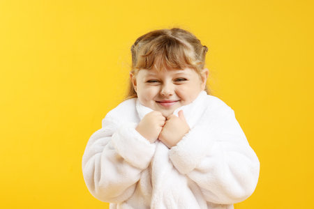 Happy girl in bathrobe on yellow backgroundの写真素材
