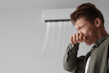 Young man suffering from smell from air conditioner and covering his nose indoorsの写真素材