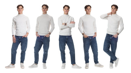Young man wearing blue jeans on white background. Set of portraitsの写真素材
