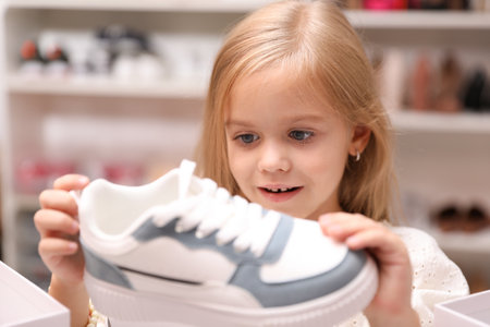 Little girl choosing stylish shoes at shopの写真素材