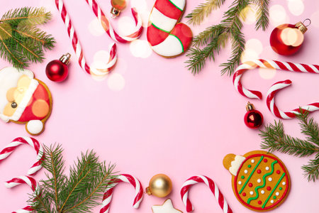 Frame made of tasty candy canes and Christmas decor on pink background, flat lay. Space for textの写真素材