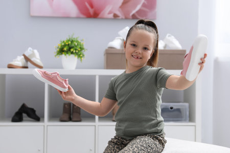Little girl choosing stylish shoesの写真素材