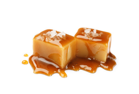 Tasty candies with salt and caramel sauce isolated on whiteの写真素材