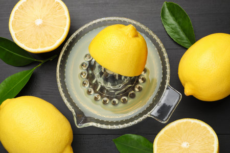 Juicer with fresh lemon juice, fruits and leaves on black wooden table, flat layの写真素材