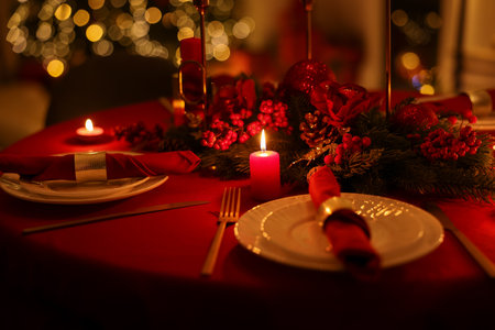 Stylish Christmas table setting with plates, festive decor and burning candles indoors, closeupの写真素材