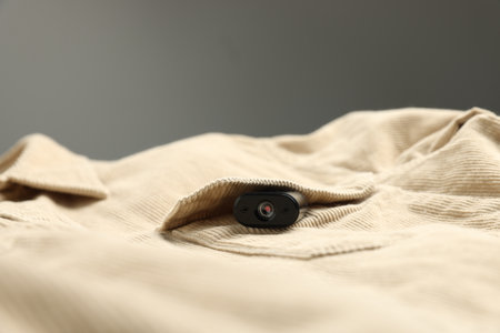 Hidden spy camera in pocket of shirt on gray background, closeupの写真素材