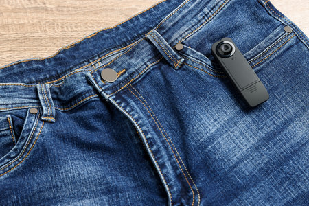 Hidden spy camera on jeans against wooden background, closeupの写真素材