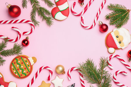 Frame made of tasty candy canes and Christmas decor on pink background, flat lay. Space for textの写真素材