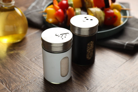 Salt, pepper shakers, oil and grilled vegetables on wooden table, closeup