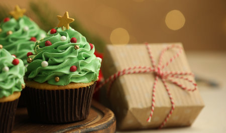Christmas tree shaped cupcakes and gift on white table, selective focusの写真素材