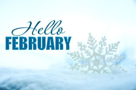 Hello February. Winter time card with decorative snowflake in snow