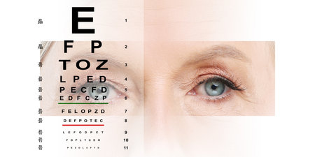 Eye chart and senior woman, banner design. Frame highlighting her eyes. Vision checkの写真素材