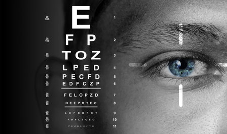 Eye chart and young man on dark background, banner design. Vision checkの写真素材