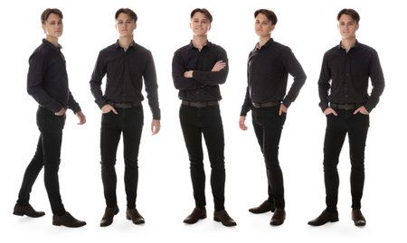 Young man wearing black jeans on white background. Set of portraitsの写真素材