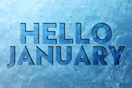 January winter time card with frosty windowの写真素材