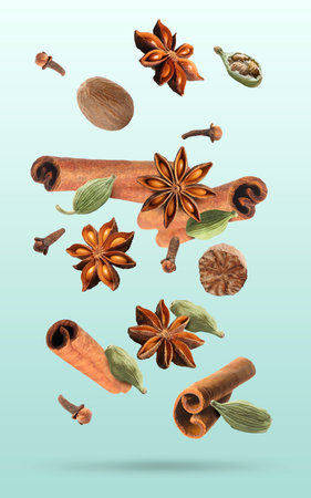 Different spices for Christmas drinks and dishes falling on light blue gradient background. Anise, cardamom, cinnamon, nutmeg and cloveの写真素材