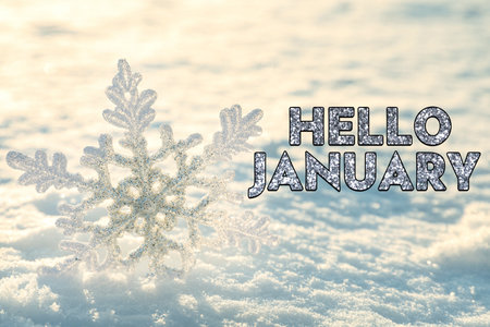 Hello January. Winter time card with decorative snowflake in snowの写真素材