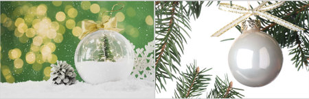 Beautiful Christmas balls, collage. Festive ornament. Banner designの写真素材