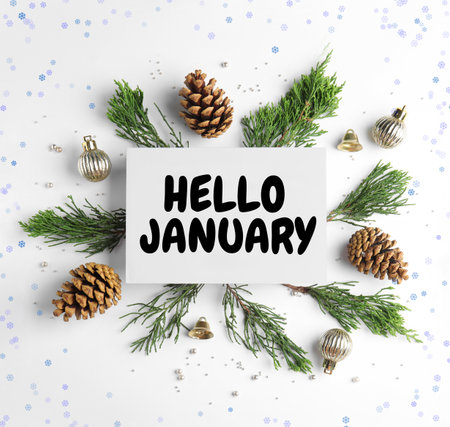 Hello January card with Christmas balls, pines and fir tree branches on white backgroundの写真素材