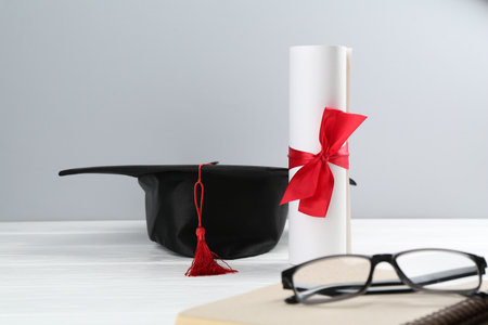 Graduation cap, diploma, notebook and glasses on white wooden table against light background, closeup. Space for textの写真素材