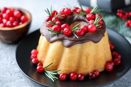 Delicious Christmas cake with chocolate glaze, cranberries and rosemary on gray textured table, closeupの写真素材