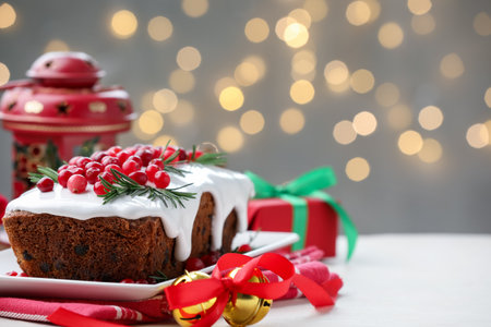 Tasty Christmas cake with cranberries and festive decor on white table against bokeh lights, closeup. Space for textの写真素材