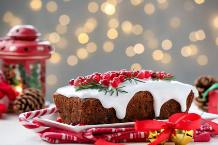 Tasty Christmas cake with cranberries and festive decor on white table, closeup. Bokeh effectの写真素材