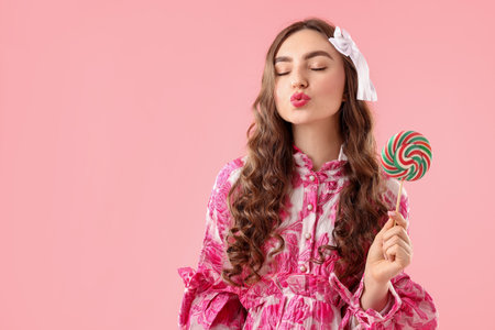 Beautifully dressed woman with lollipop on pink background, space for textの写真素材