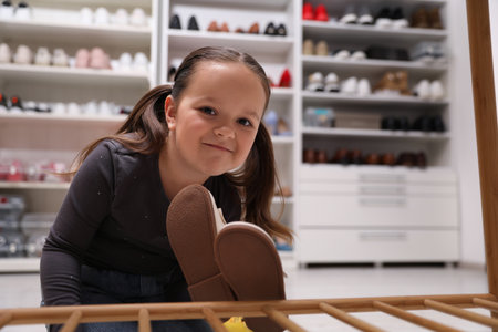 Little girl choosing stylish shoes at shopの写真素材