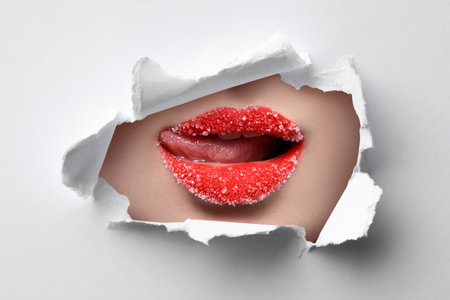 Young woman with beautiful lips, closeup. View on face through torn hole in white paperの写真素材