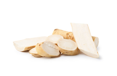 Fresh raw horseradish roots isolated on whiteの写真素材