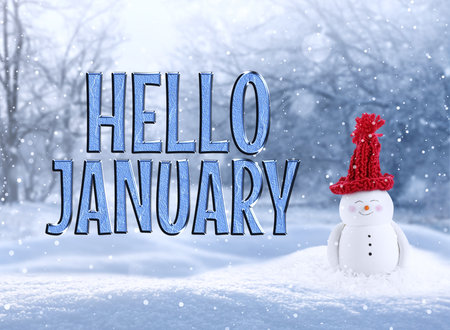 Hello January. Winter time card with snowman toy in snowの写真素材