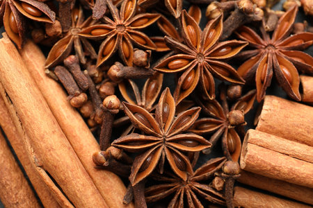 Mulled wine spices. Anise stars, cloves and cinnamon sticks as background, top viewの写真素材