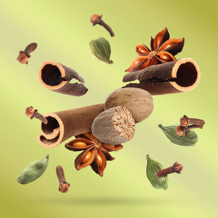 Different spices for Christmas drinks and dishes falling on green gradient background. Anise,...